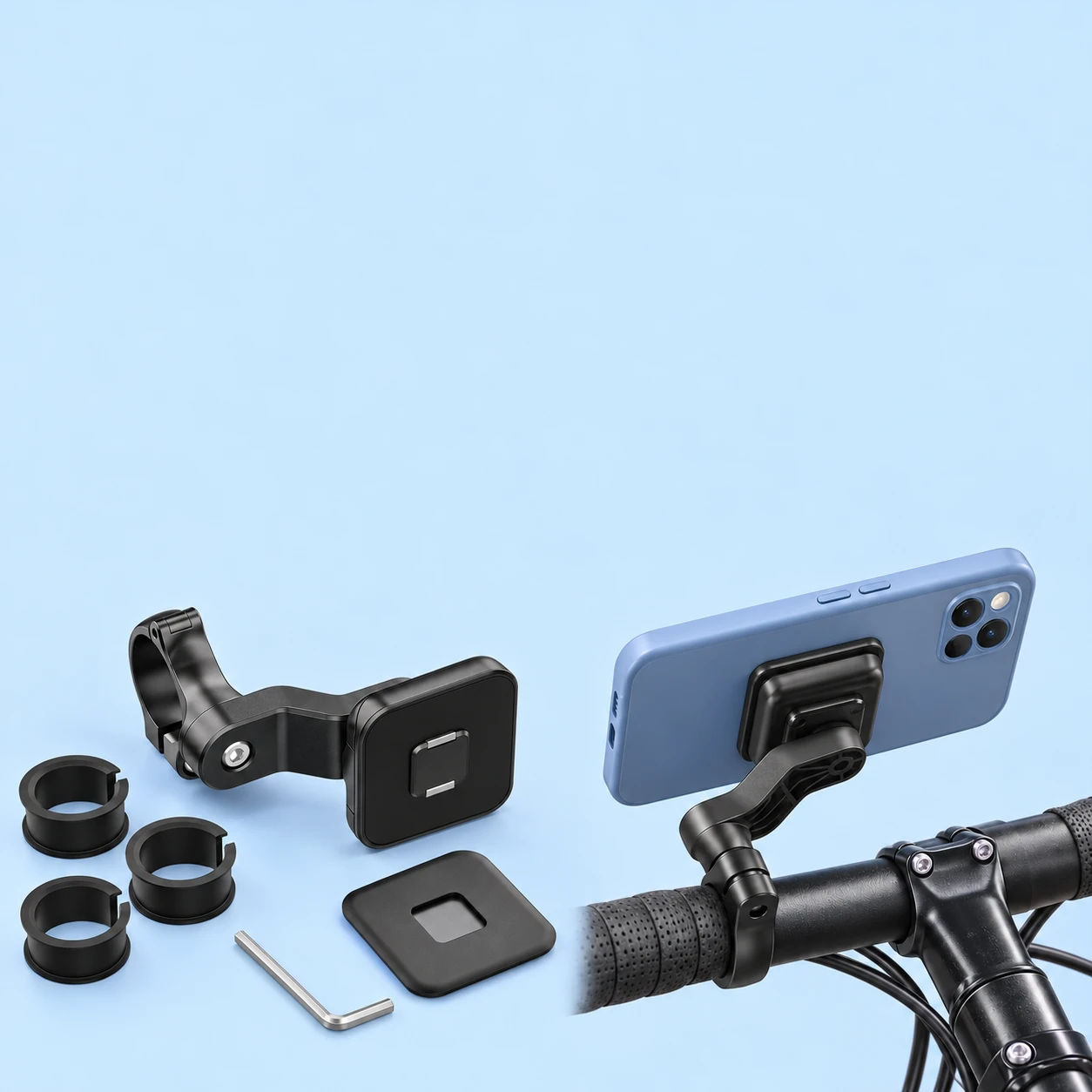 Black 148A Square-Clip Handlebar Phone Kit; product and illustrative use on pale blue. Phone and scene props excluded., square composition