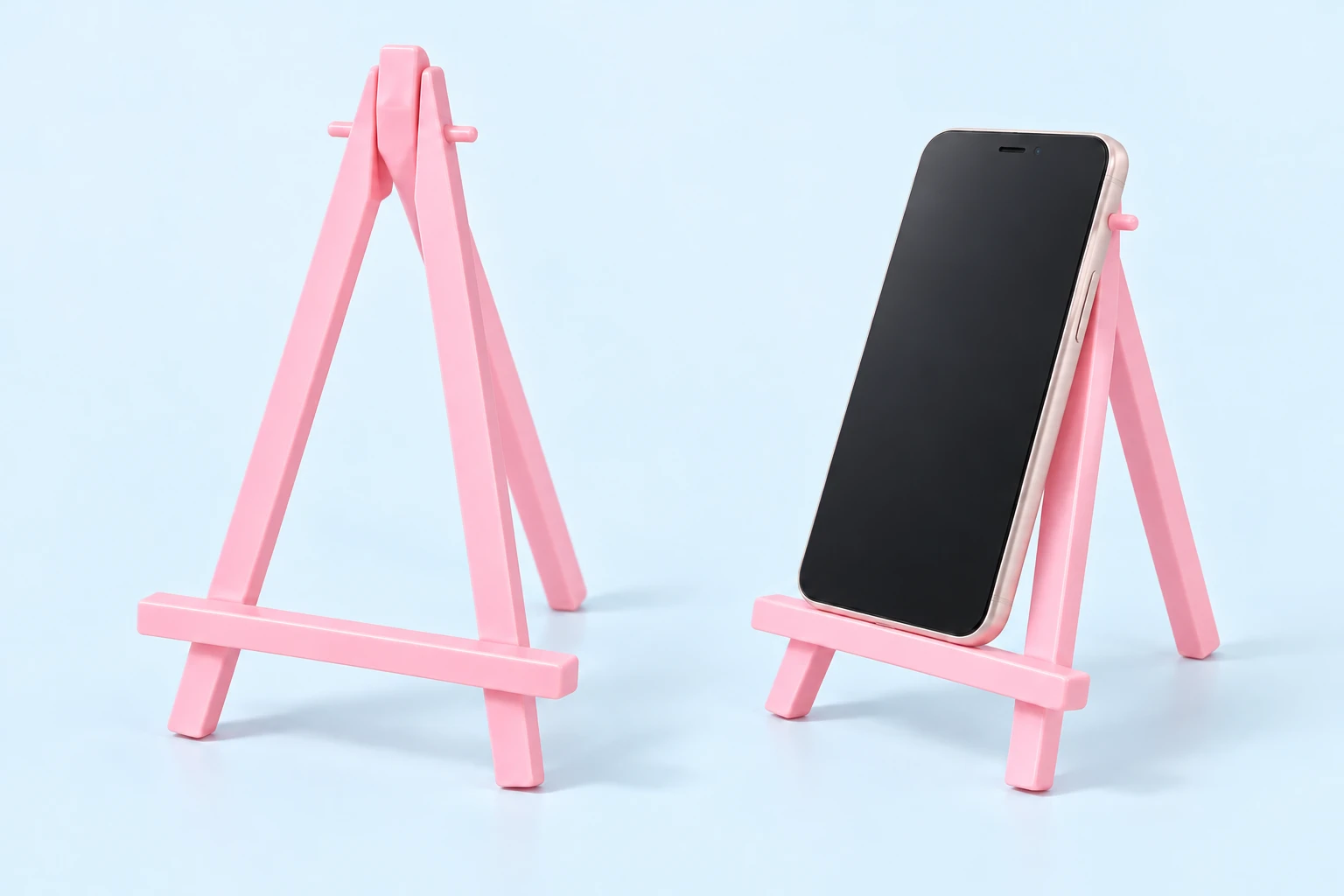 Pastel pink mini folding easel with triangular frame and illustrated phone placement