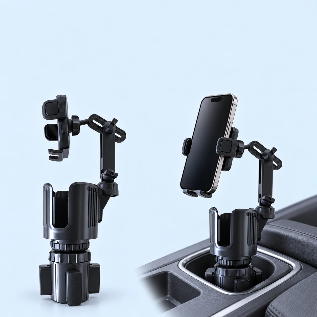 Black Upgraded Four-Block Cup Phone Arm; product and illustrative use on pale blue. Phone and scene props excluded., square composition