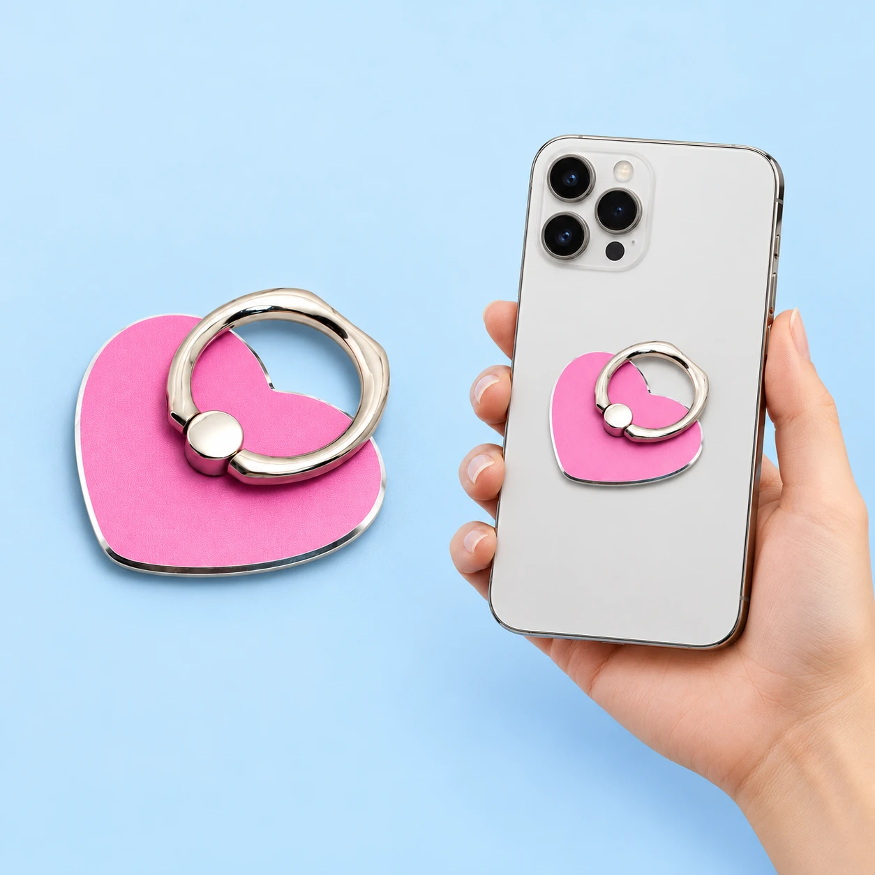 Pink squat metal heart phone ring with shallow notch, complete and closed on a hand-supported phone with rear fixing hidden, square composition