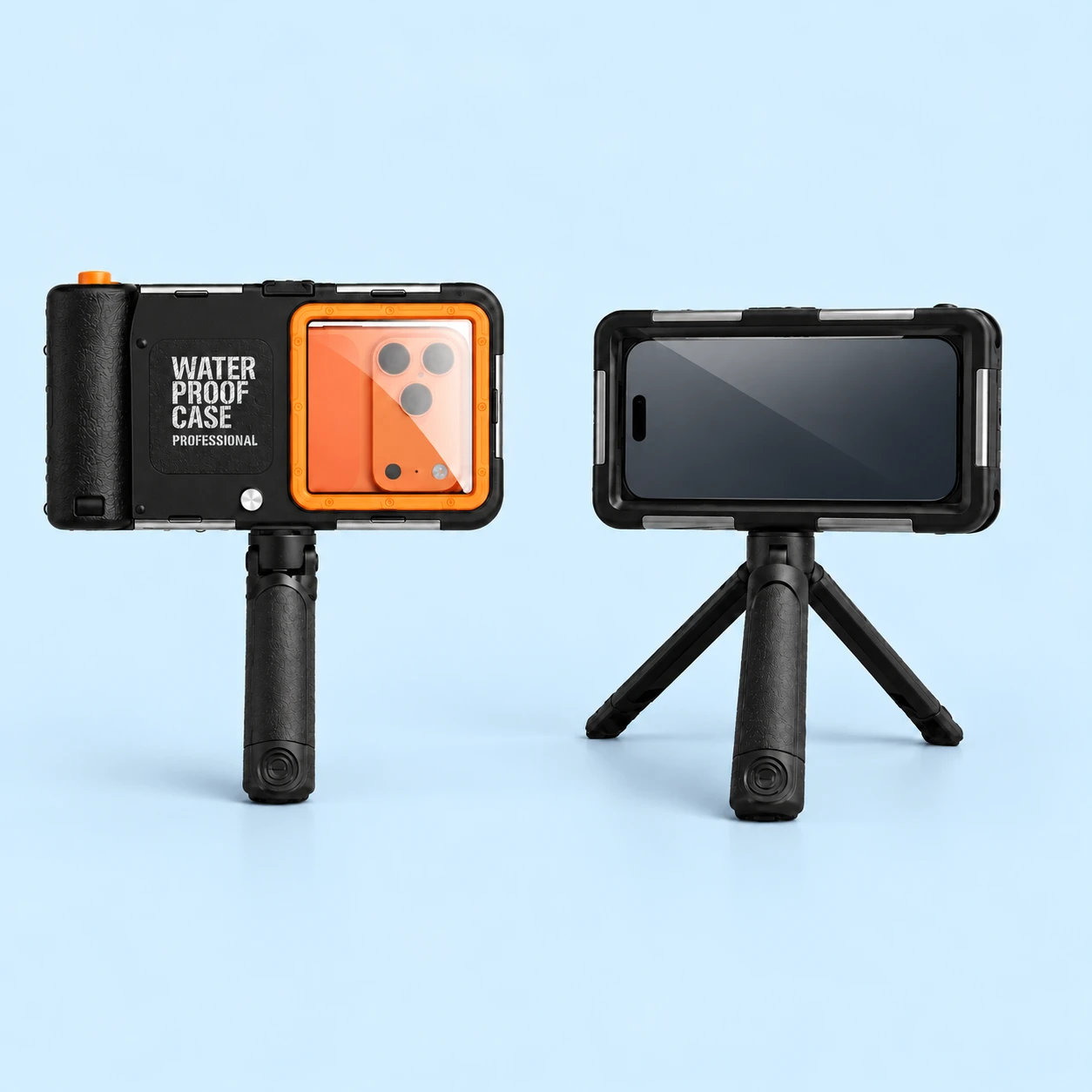 Black-and-Orange Enclosed Phone Housing with Folding Tripod Grip; product and illustrative use on pale blue. Phone and scene props excluded., square composition
