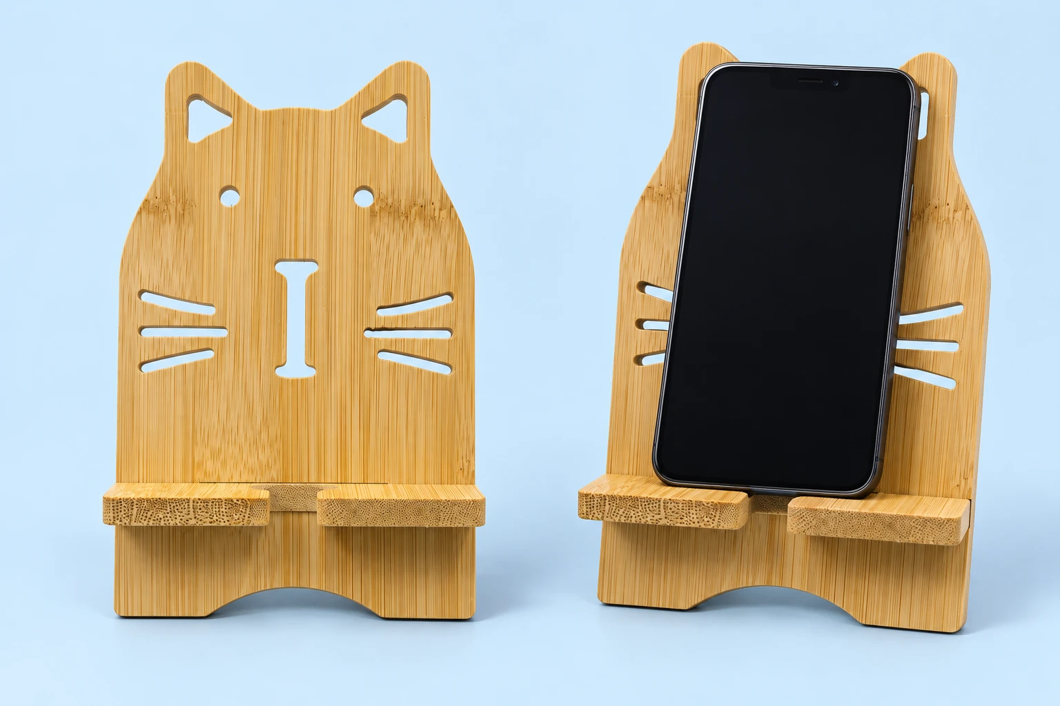 Bamboo whisker-cutout cat phone stand with split front shelf and illustrative portrait phone support