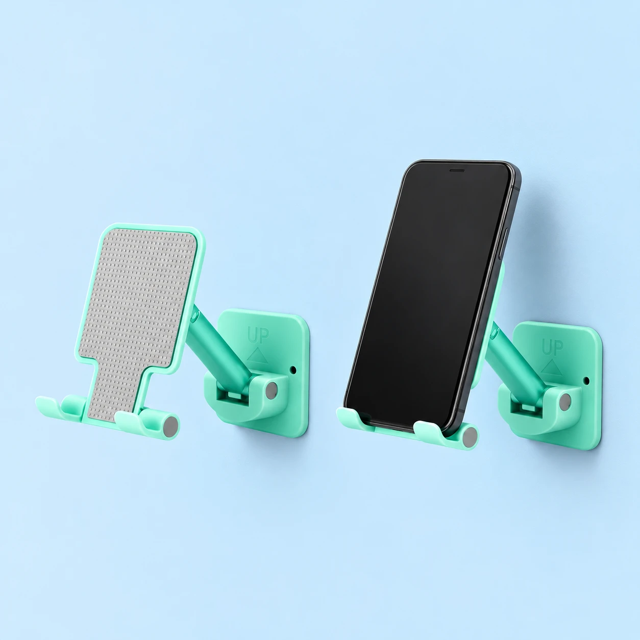 Green K4 Telescoping Wall Phone Cradle; product and illustrative use on pale blue. Phone and scene props excluded., square composition