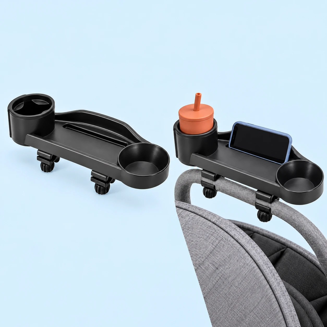Black Twin-Clamp Phone and Cup Tray; product and illustrative use on pale blue. Phone and scene props excluded., square composition