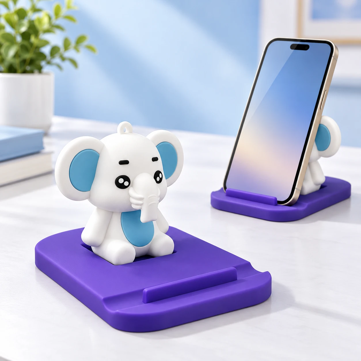Blue-Eared Elephant Silicone Phone Stand on a pale-blue background, product left and actual use right