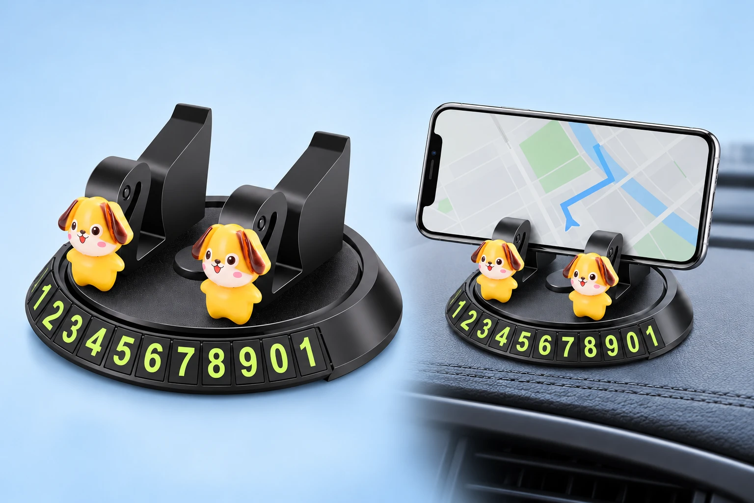 Yellow puppy parking-number dashboard phone cradle, isolated and supporting a landscape phone