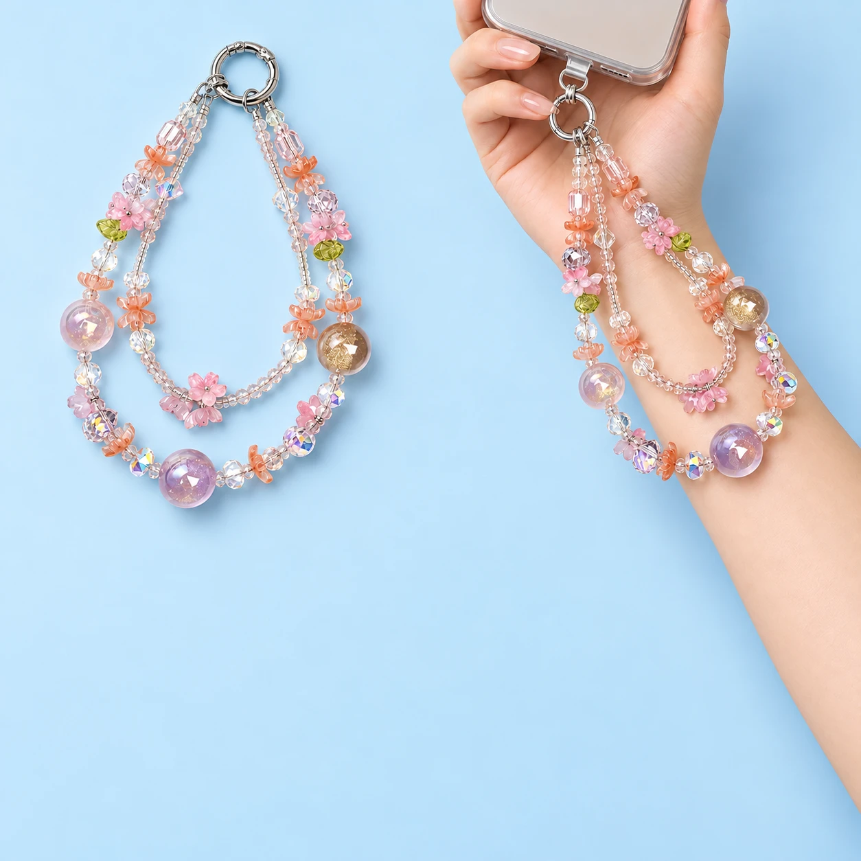 Pastel flower double-strand beaded phone lanyard with illustrative hand-supported case attachment, square composition