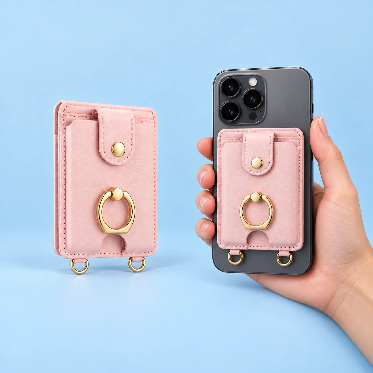Pastel pink snap-tab wallet phone stand with small hinged ring and two empty D-loops, shown closed on phone, square composition