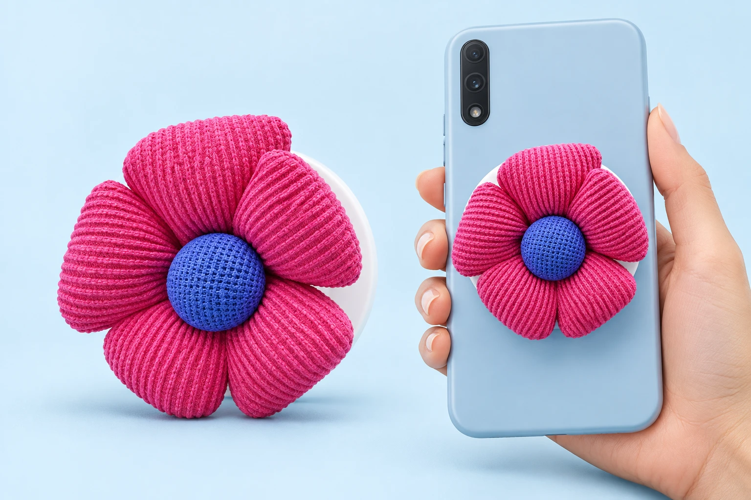 Rose pink ribbed fabric flower phone grip with blue center and illustrative phone mounting