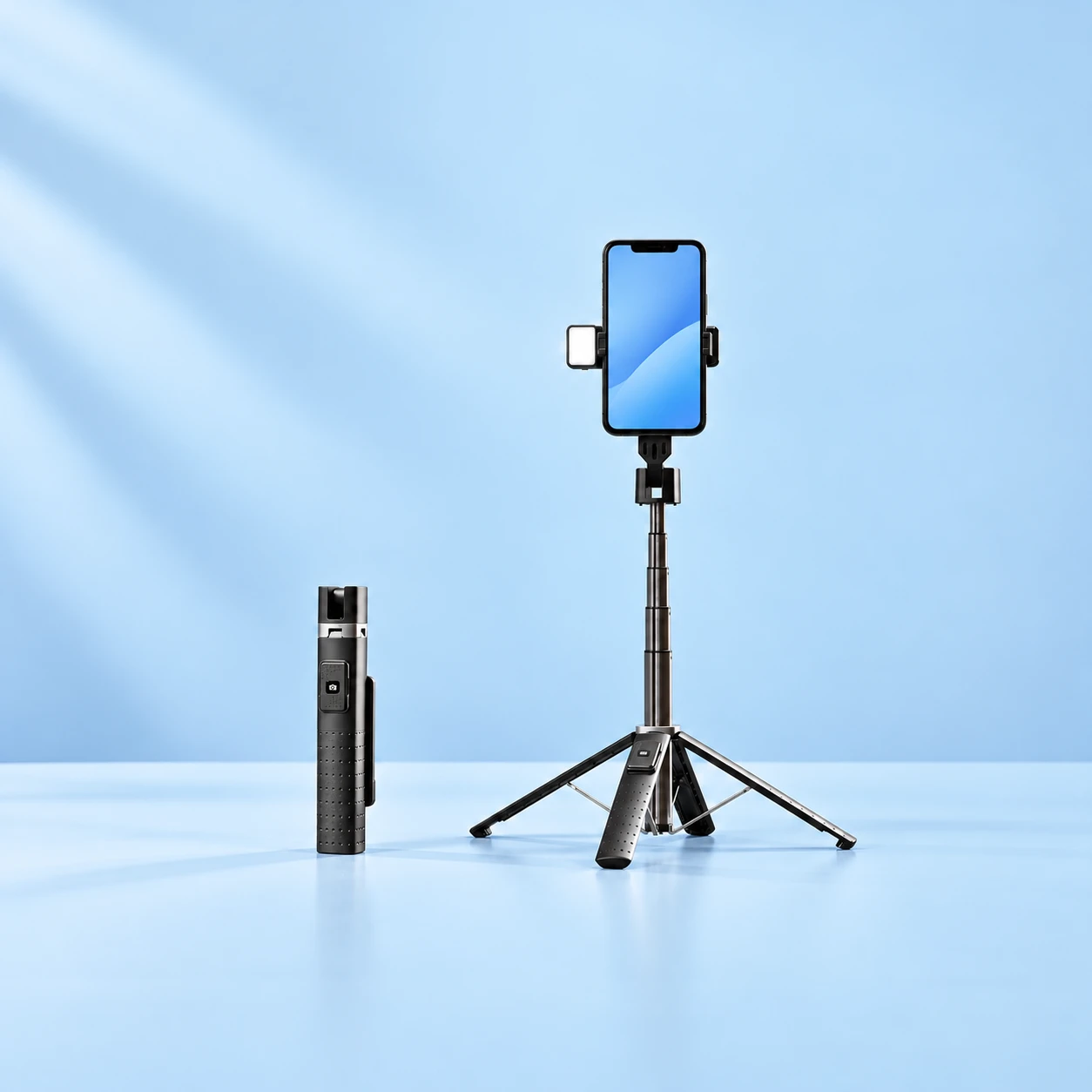 Black P05D Four-Foot Selfie Phone Stand; product and illustrative use on pale blue. Phone and scene props excluded., square composition
