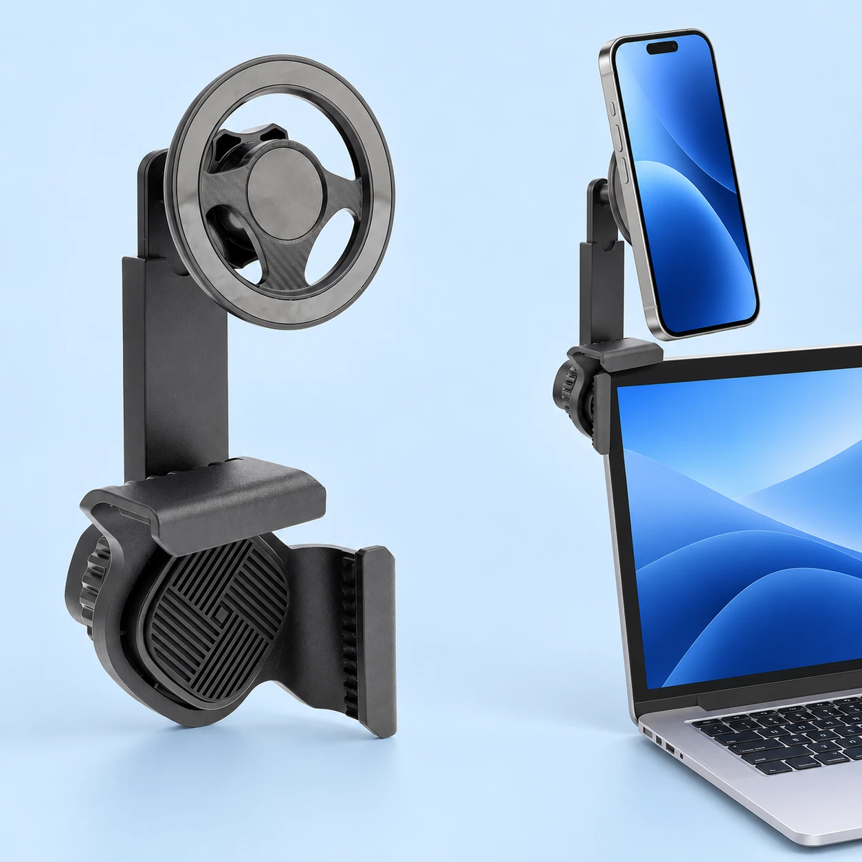 Complete black screen-corner clamp phone holder at left, with the same holder supporting a portrait phone on a laptop screen corner at right, against pale blue. Phone and laptop are demonstration props.