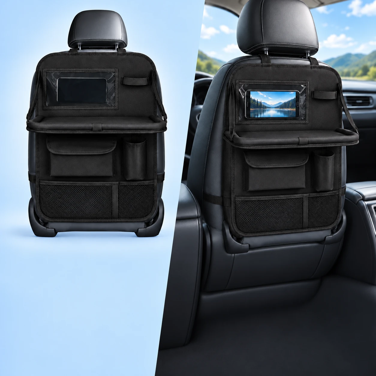 Black B Seatback Phone-Window Organizer with Fold-Down Tray; product and illustrative use on pale blue. Phone and scene props excluded., square composition