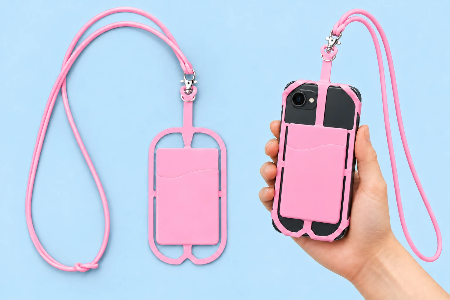 Pink silicone corner-cradle phone lanyard with card pocket shown complete and fitted to a hand-supported phone