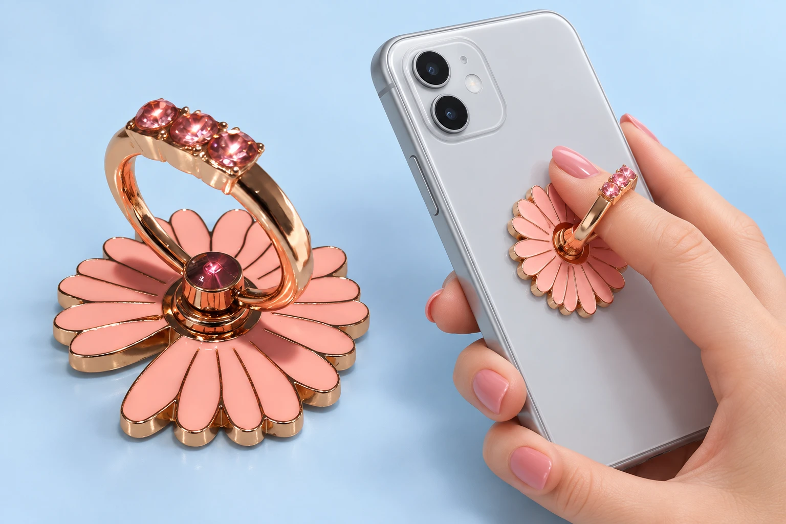 Pink daisy phone ring holder with decorative pink accents and illustrative finger use