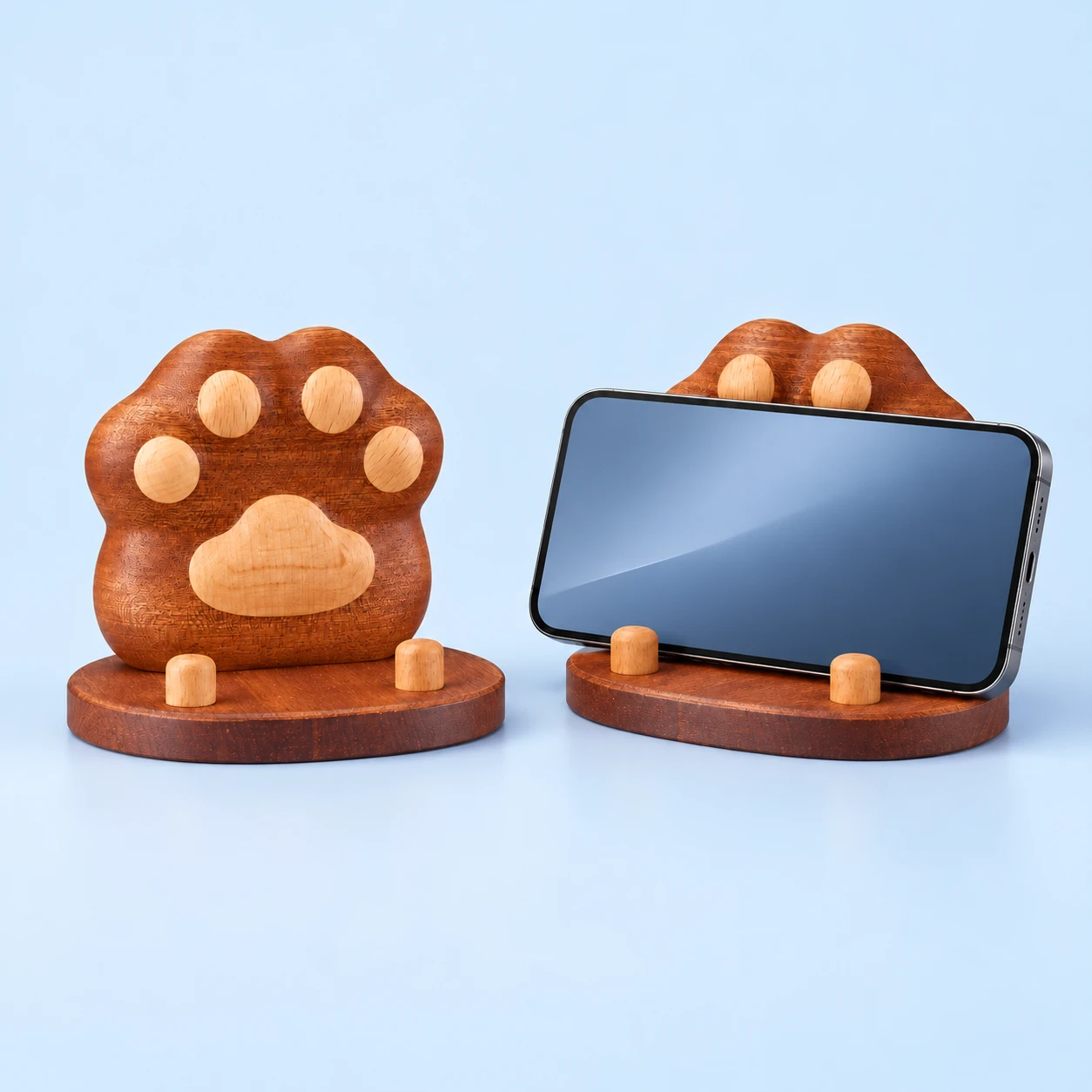 Two-tone wooden cat paw phone stand with oval base and two front retaining pegs, square composition