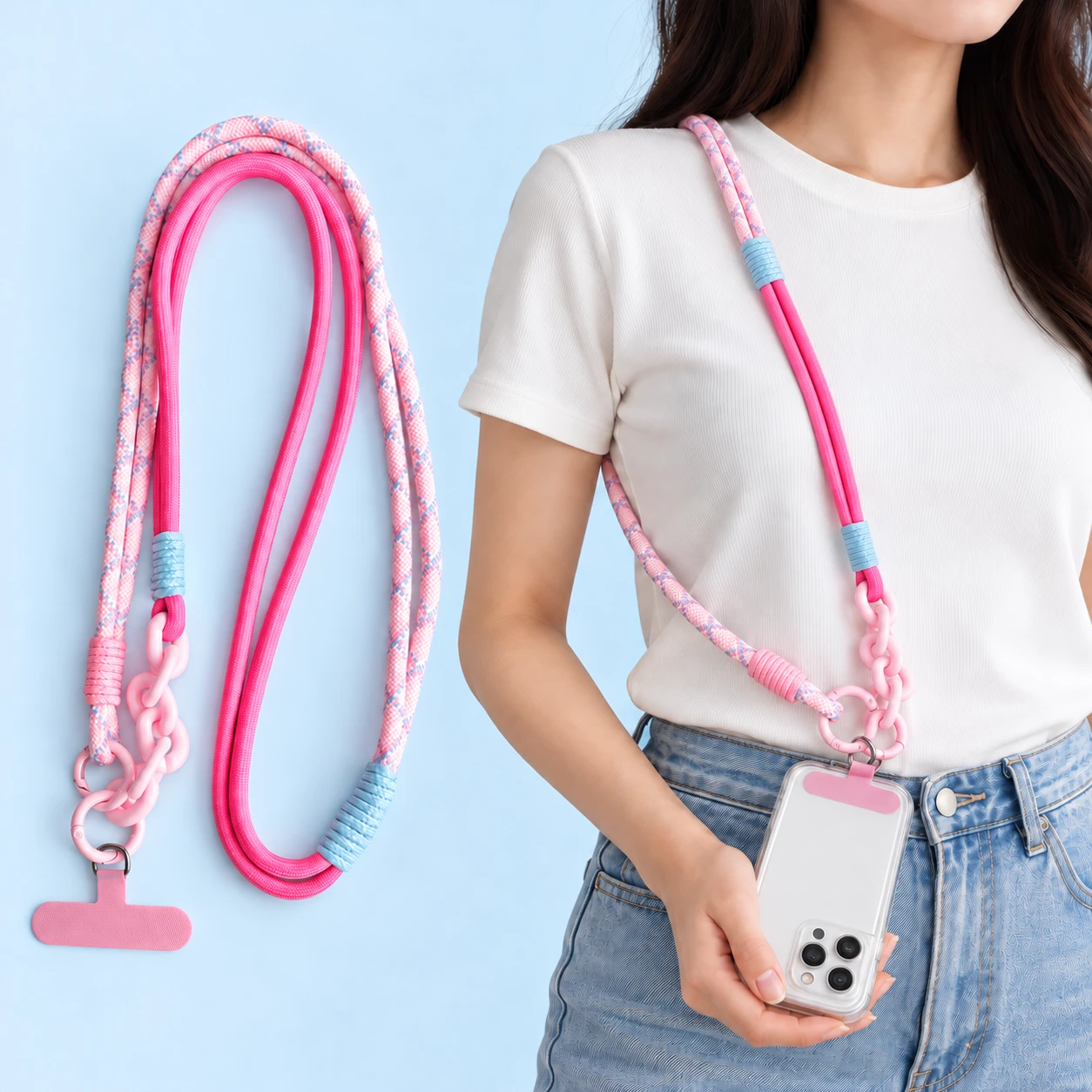 Pink Mixed-Cord and Link Phone Lanyard Kit
