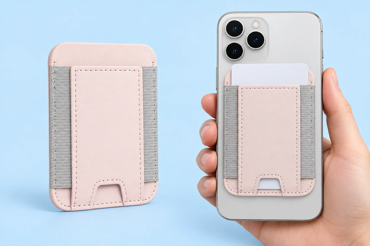 Pale-pink elastic-side magnetic phone card pocket shown empty at left and flat on a hand-supported phone with a blank demonstration card at right, against a pale-blue background. Phone and card are not included.