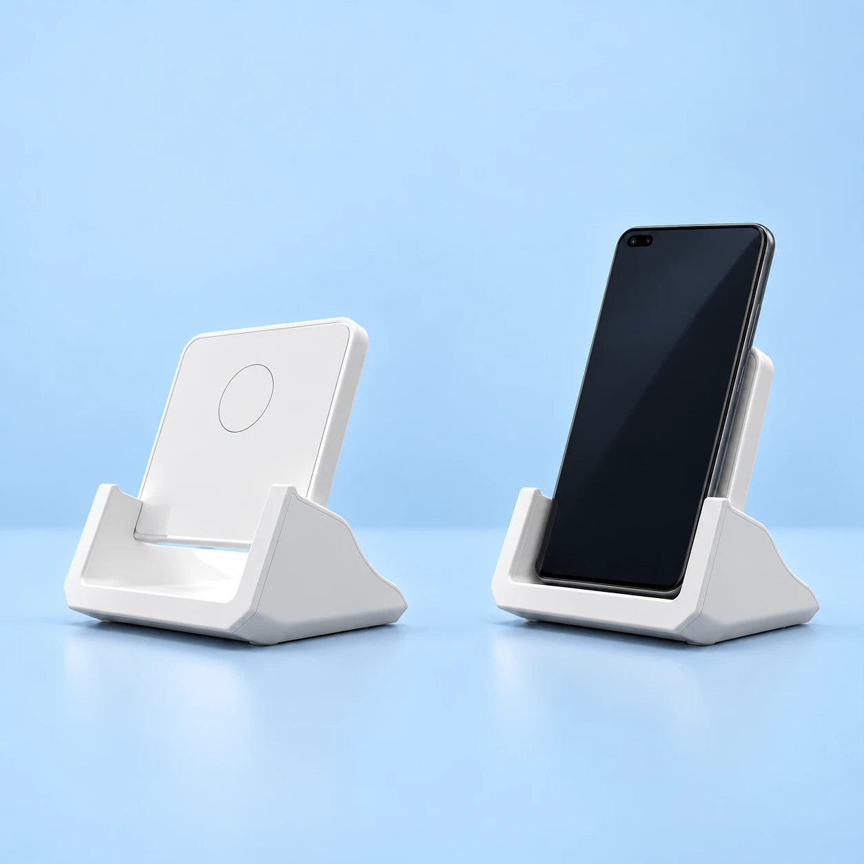 White recessed-base wireless charging phone stand on pale blue, complete empty product at left and the same original trough supporting a portrait demonstration phone at right. Phone not included., square composition