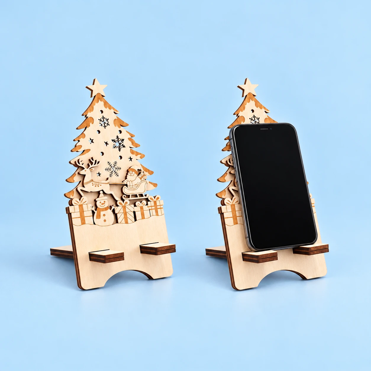 Carved Christmas tree wooden phone stand and illustrative portrait phone support, square composition