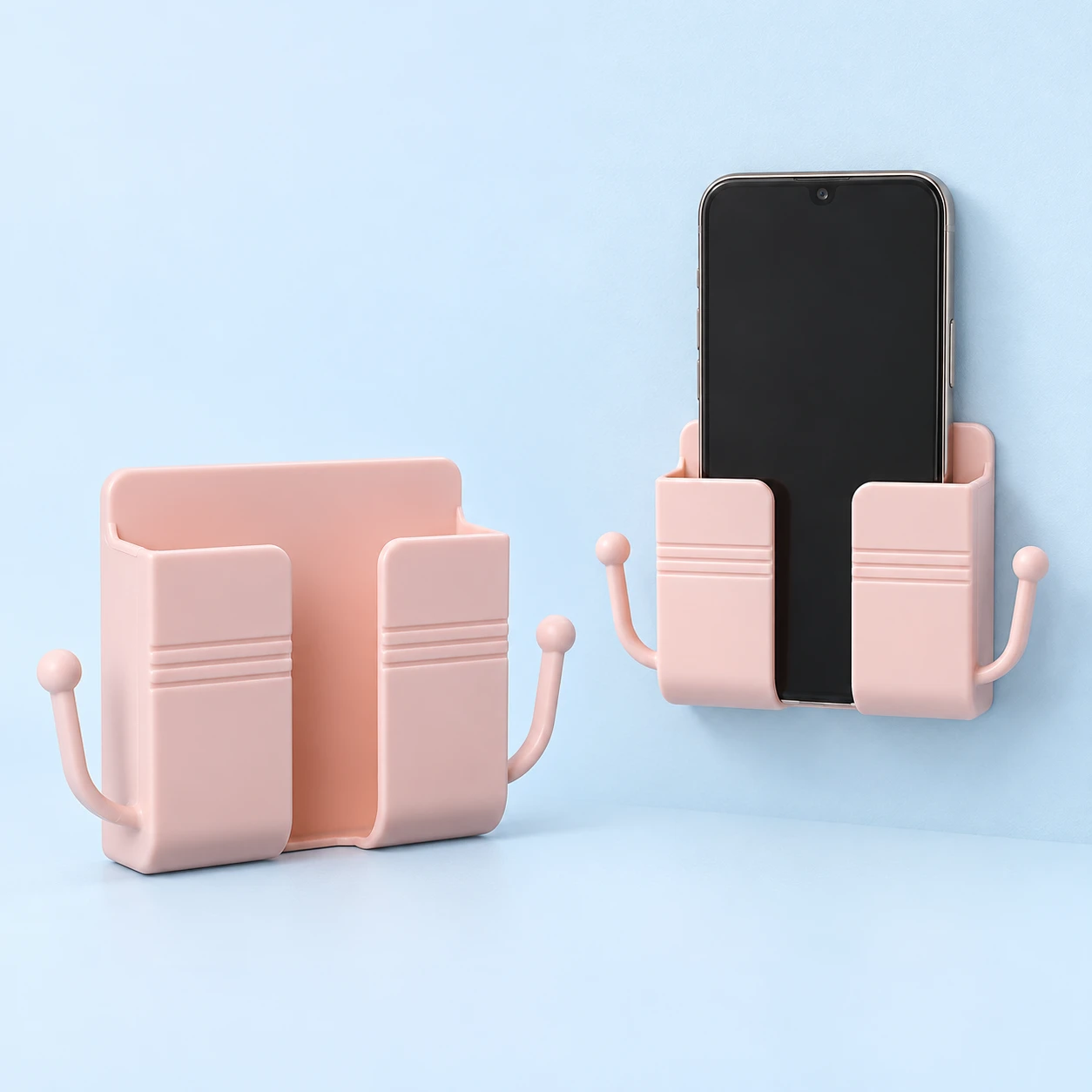 Pastel Pink Split-Front Wall Phone Pocket with Side Hooks