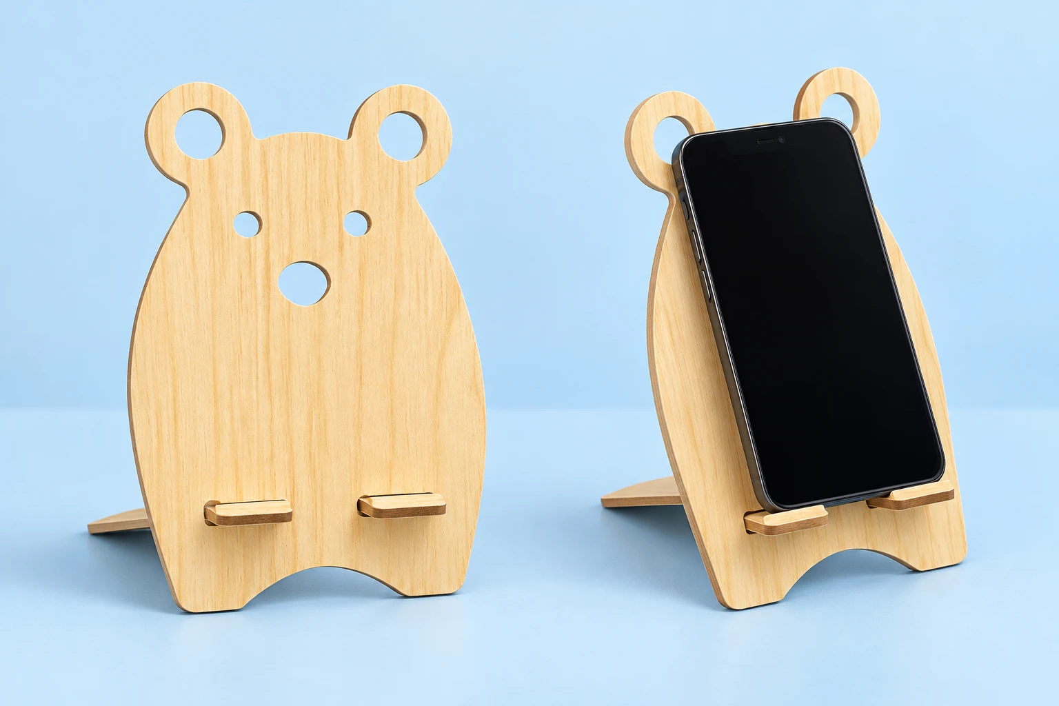 Natural Wood Round-Ear Bear Phone Stand