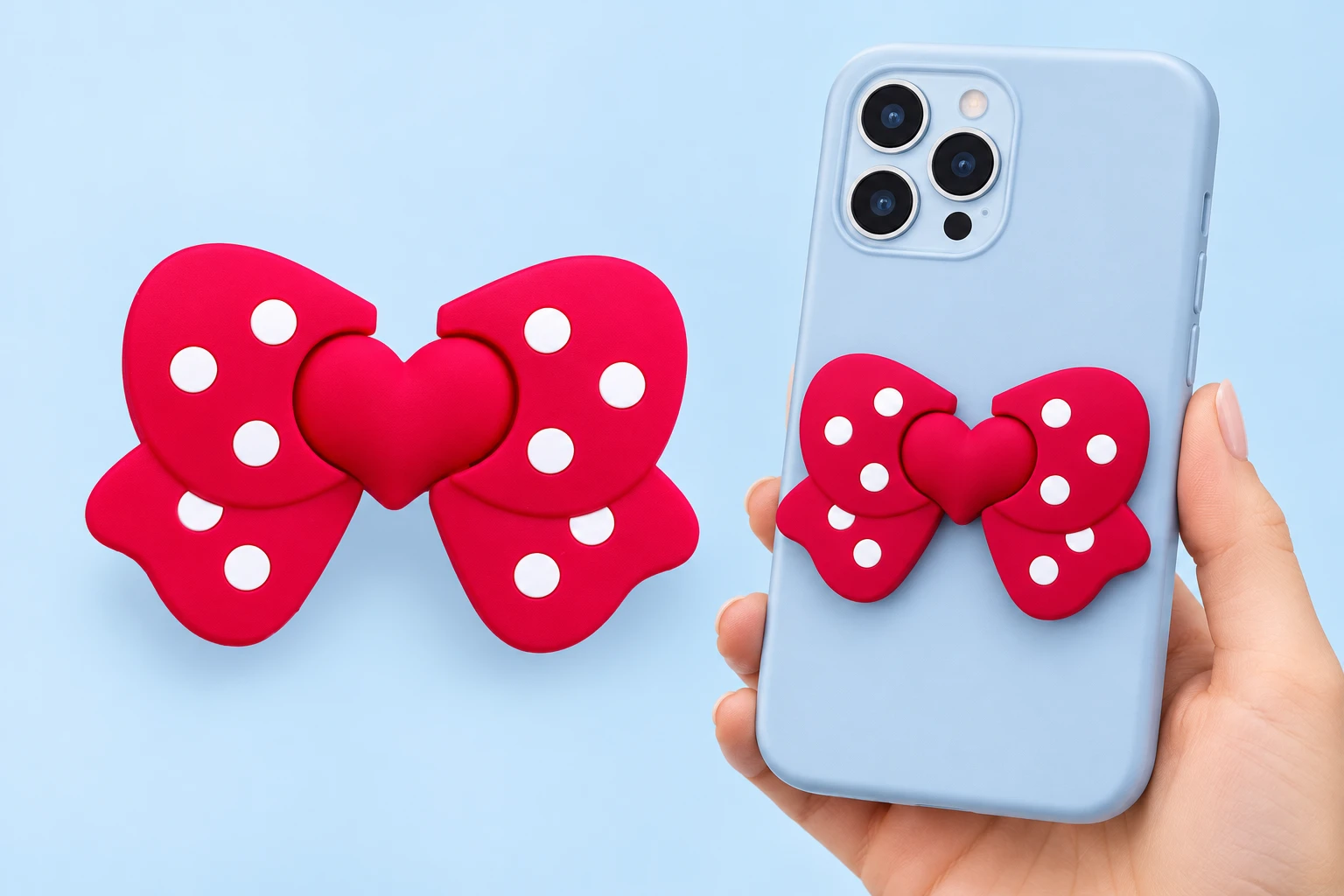 Red polka-dot bow phone kickstand with raised heart center shown complete and flat-mounted on an illustrative phone case