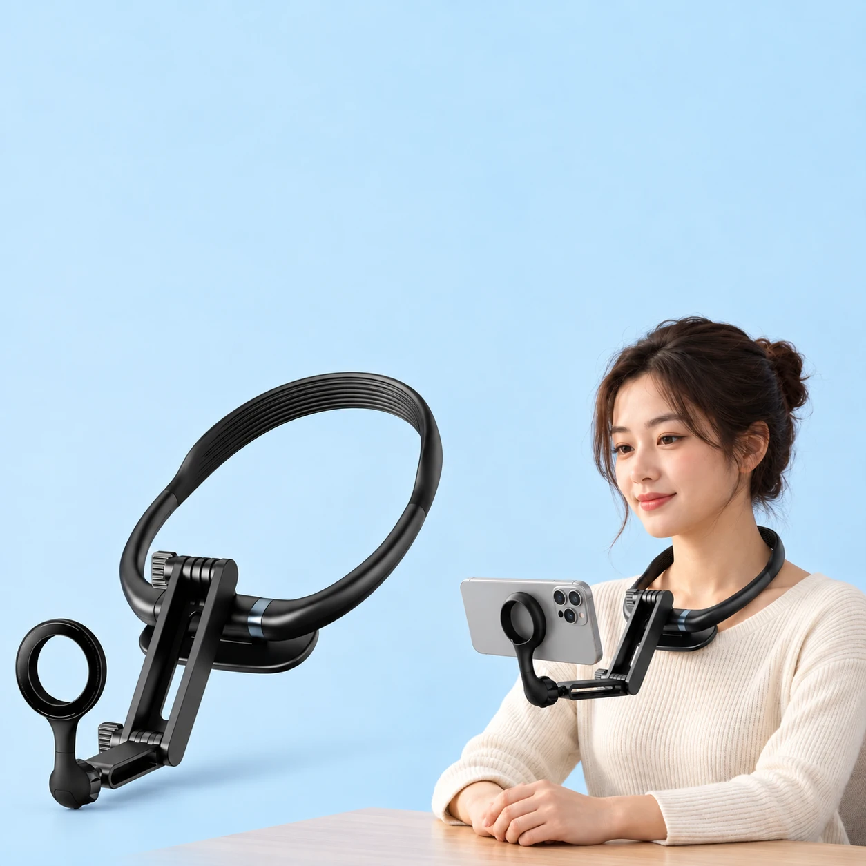Black Folding-Link Neck Phone Holder; product and illustrative use on pale blue. Phone and scene props excluded., square composition