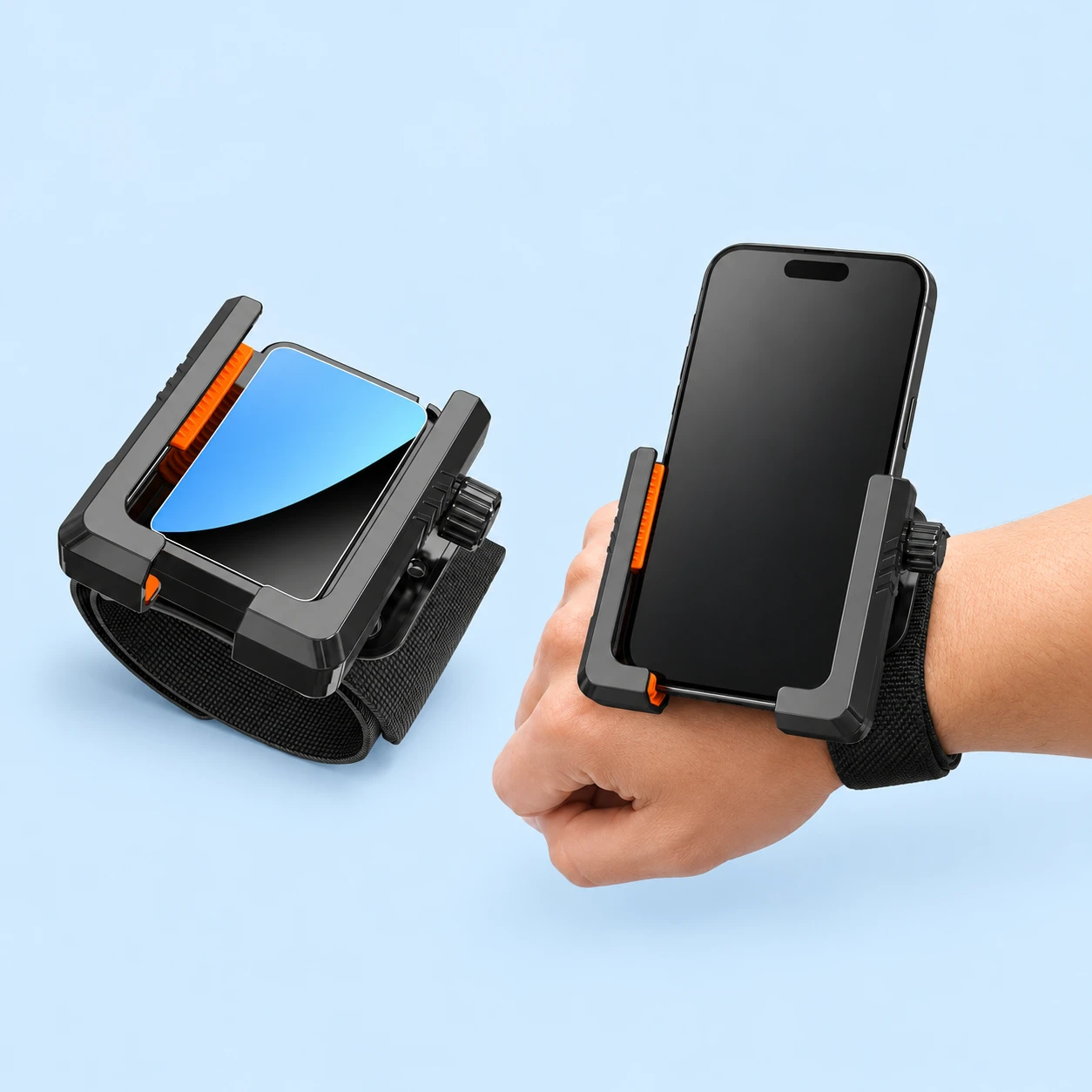 Orange Short-Cuff Wrist Phone Holder; product and illustrative use on pale blue. Phone and scene props excluded., square composition