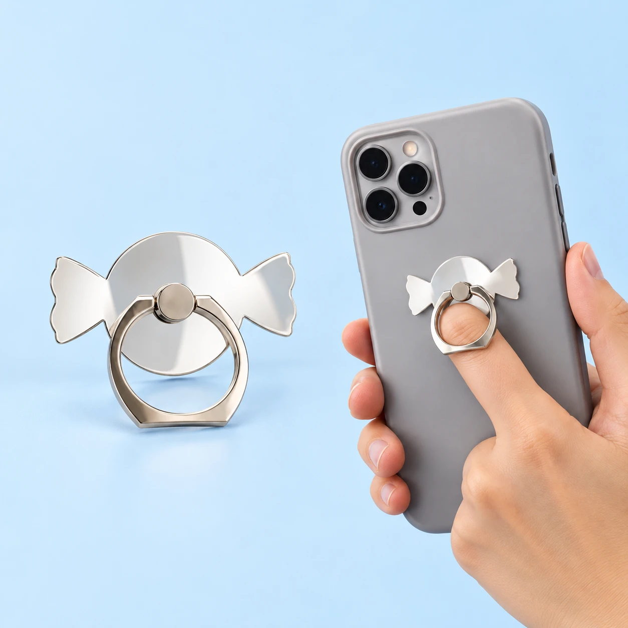 Mirrored candy phone ring holder, complete product and illustrative finger-loop use, square composition