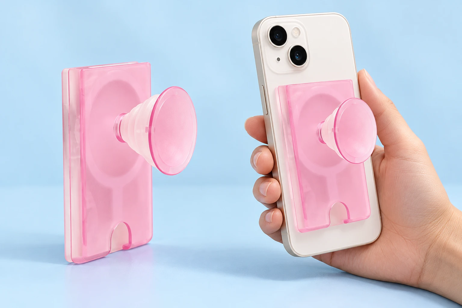 Translucent pink card-pocket phone grip with accordion stem and pink disc, shown alone and mounted on a phone