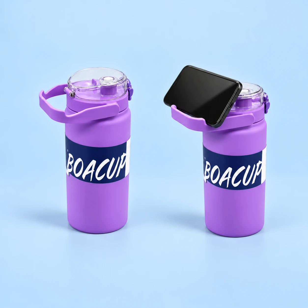Purple Notched-Bail Water Bottle with Phone-Rest Handle; product and illustrative use on pale blue. Phone and scene props excluded., square composition