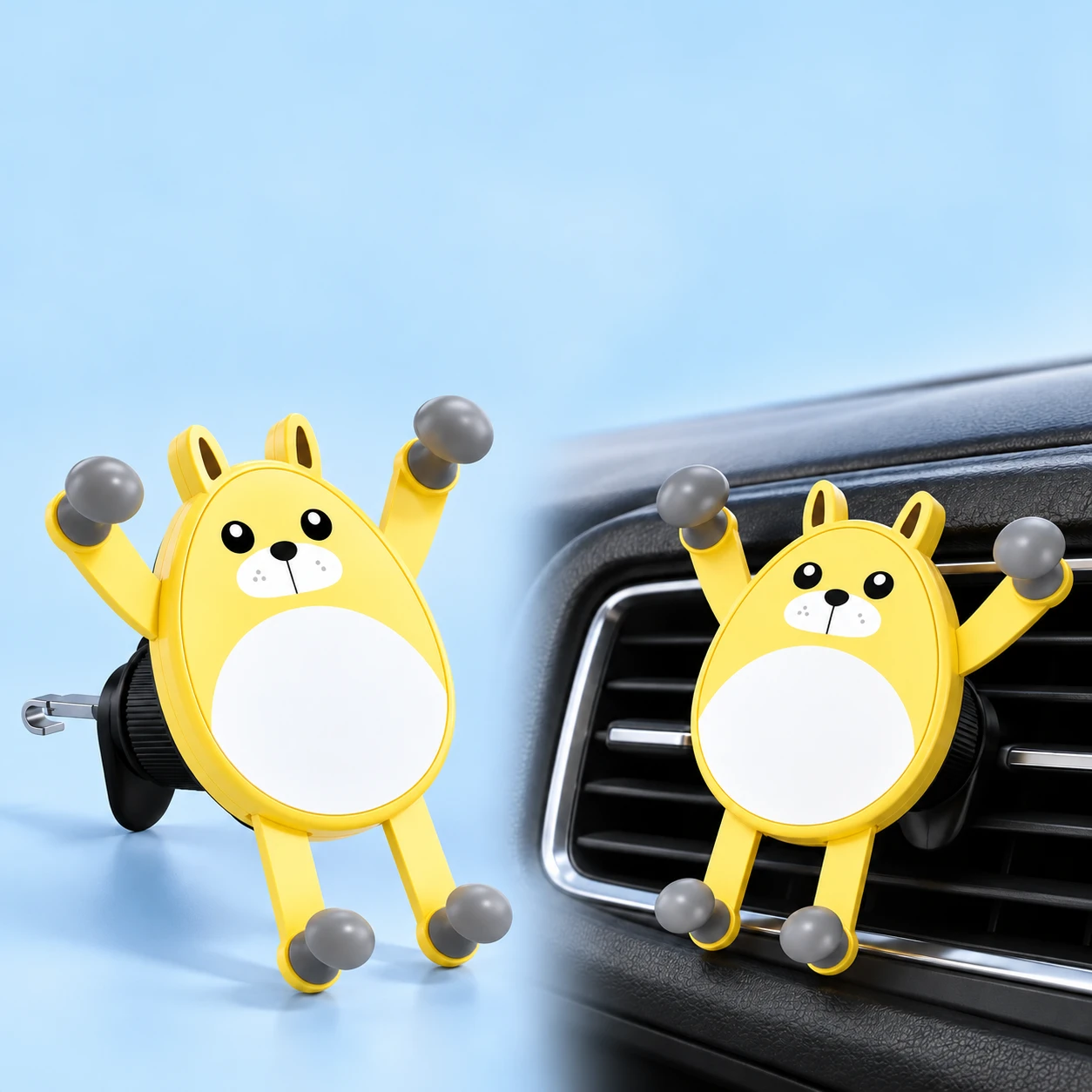 Yellow puppy oval phone holder shown complete with vent hook and mounted empty on a car vent, square composition