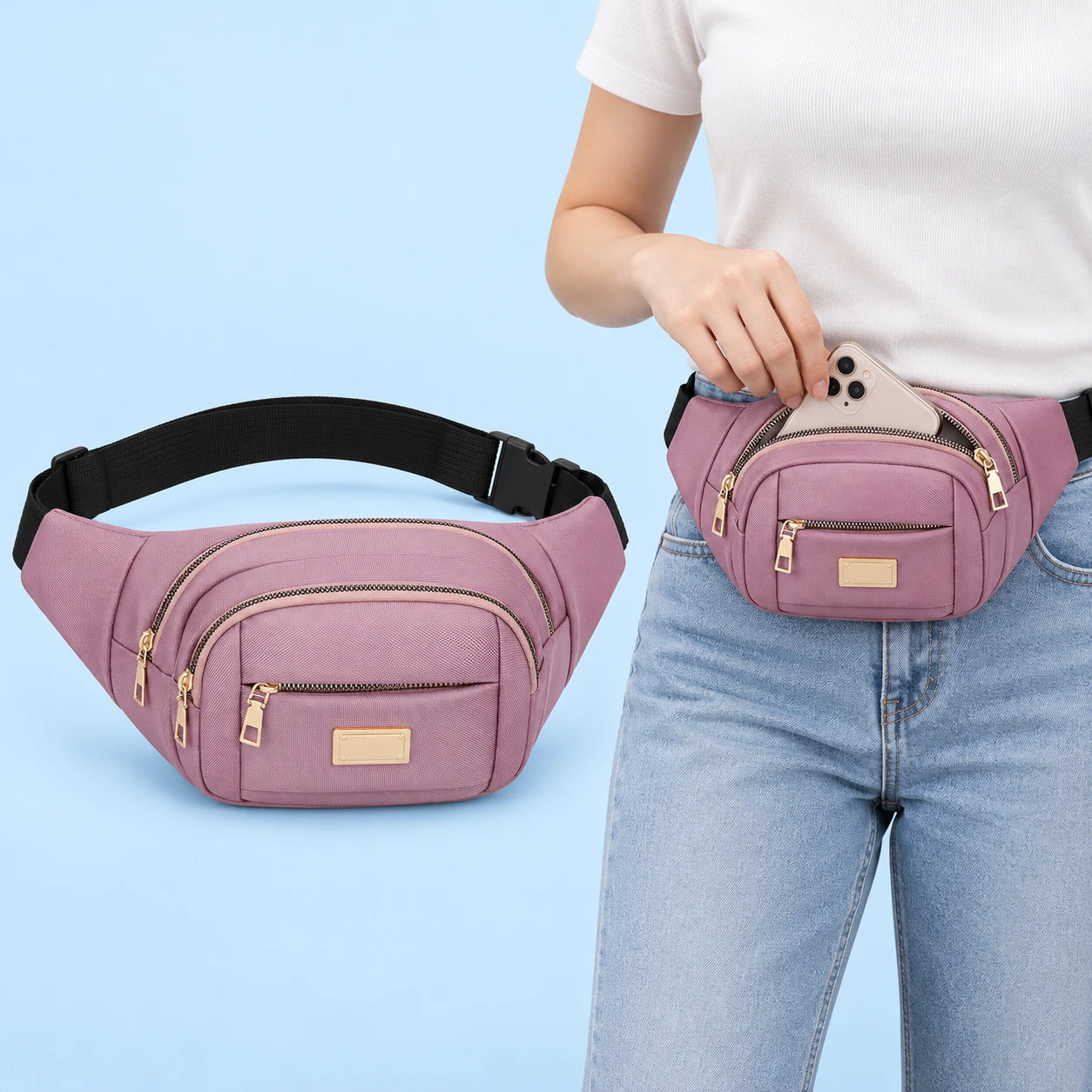 Light Pink Nested-Zip Phone Waist Pouch