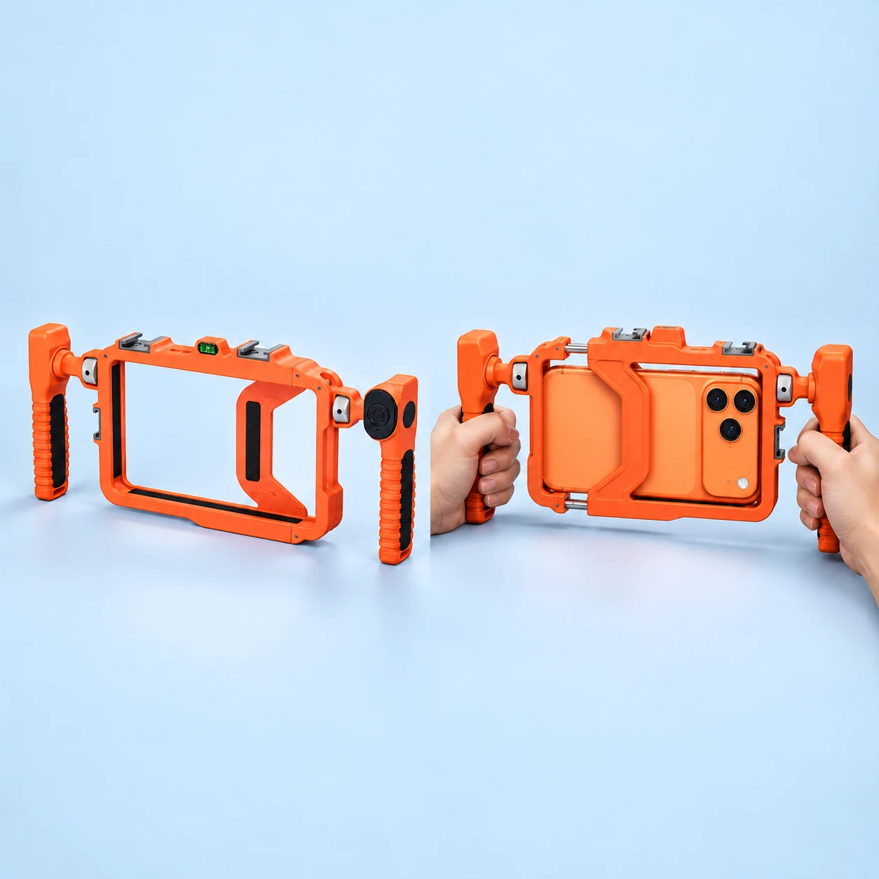 Orange BFT-03B Adjustable Phone Cage; product and illustrative use on pale blue. Phone and scene props excluded., square composition