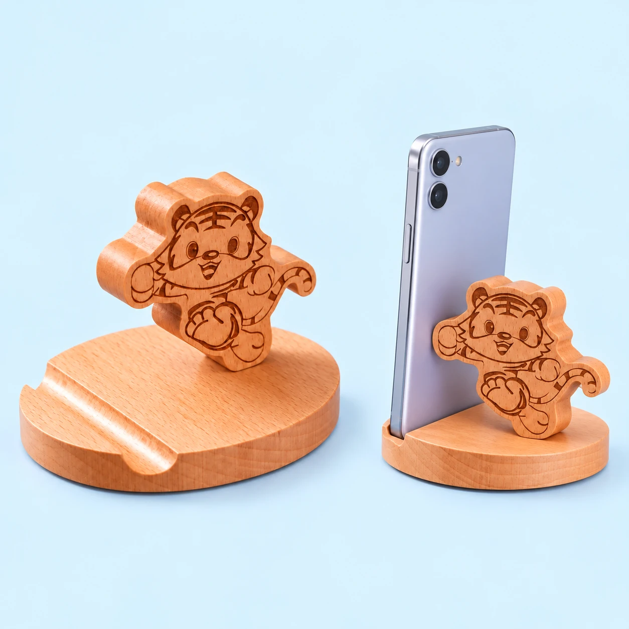 Running tiger wooden phone stand with oval grooved base, complete and supporting a portrait phone, square composition