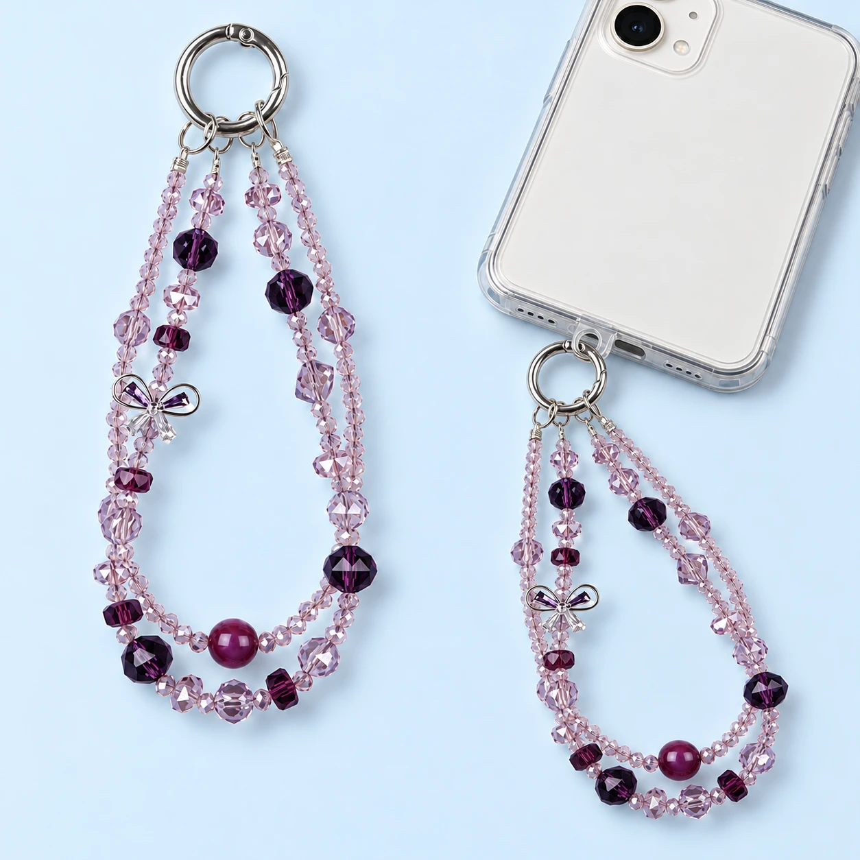 Lavender double-strand faceted bead wrist lanyard, product and compatible-case use views