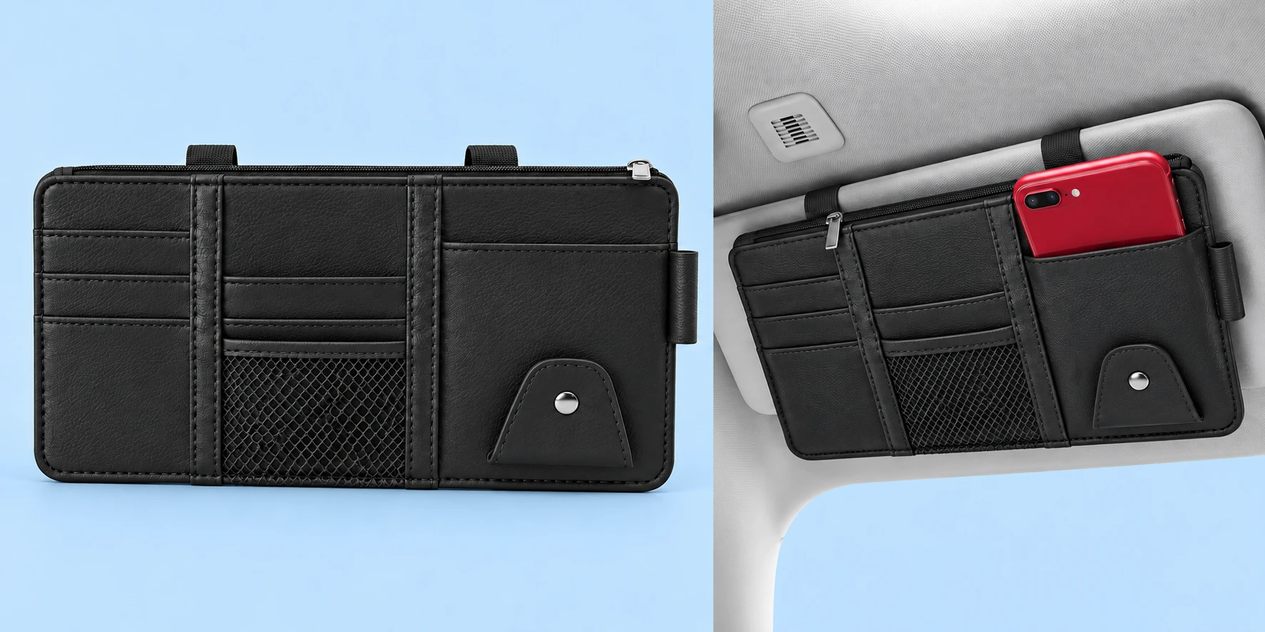 Complete empty black three-column visor organizer at left, with its mesh pocket, top zipper and original visible mounting-band segments; the same organizer retaining a demonstration phone in its right sleeve on a stationary passenger visor at right, against pale blue.