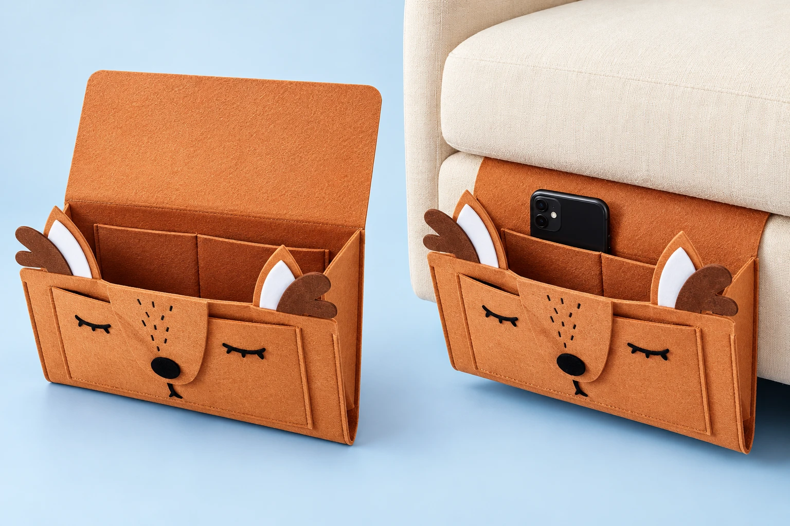 Brown Deer Cushion-Tuck Phone Storage Pocket; product and illustrative use on pale blue. Phone and scene props excluded.