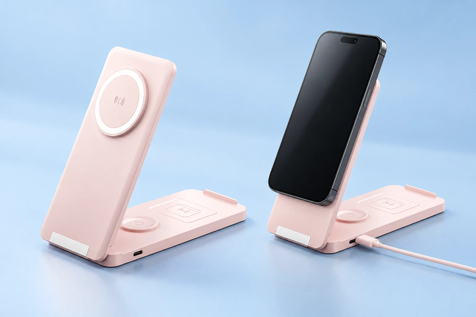 Pastel pink folding phone and watch charging stand with illustrative compatible phone placement
