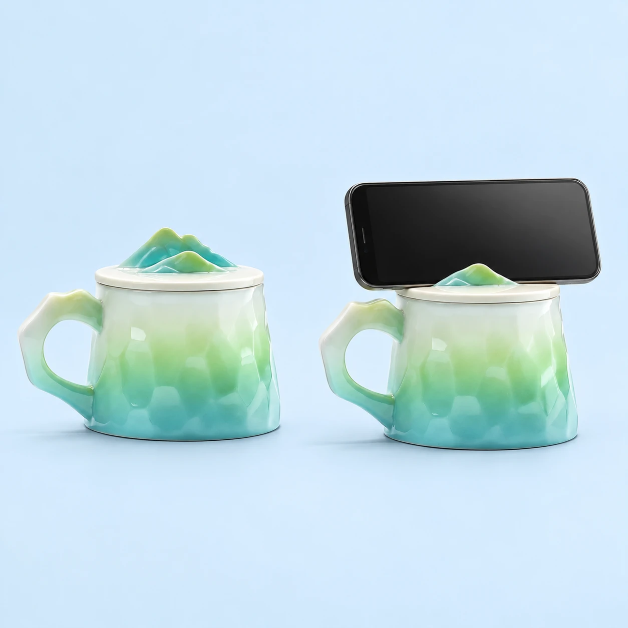 Green Mountain-Ridge Mug and Phone-Support Lid; product and illustrative use on pale blue. Phone and scene props excluded., square composition