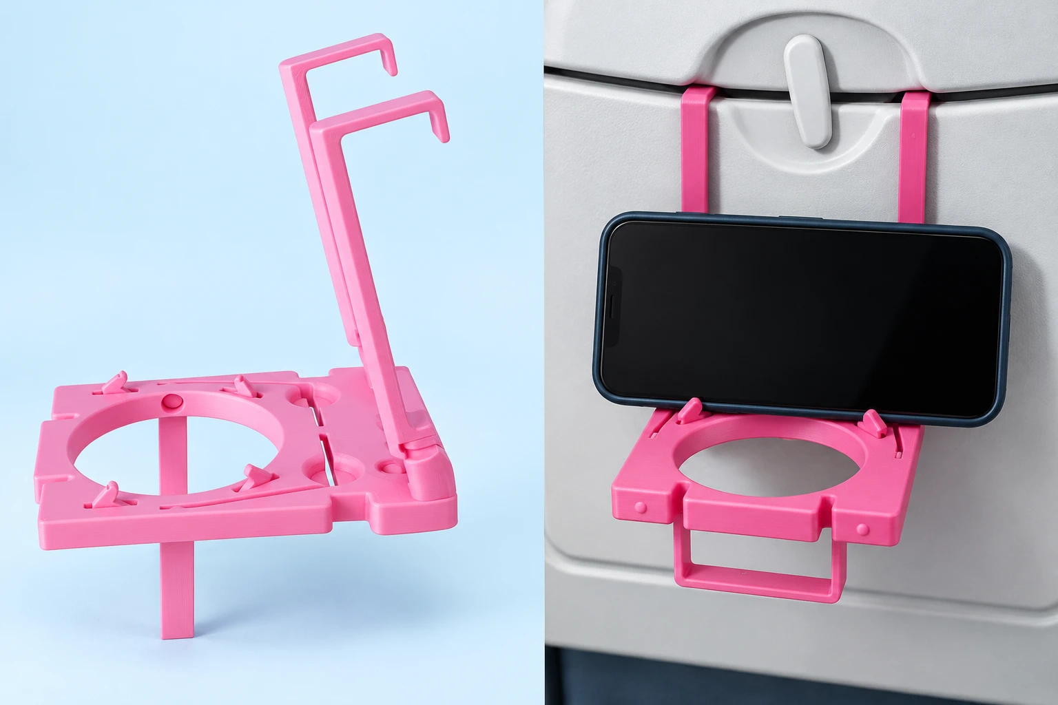 Pink folding tray-hook airplane phone holder shown complete and holding a landscape phone on a suitable stowed tray
