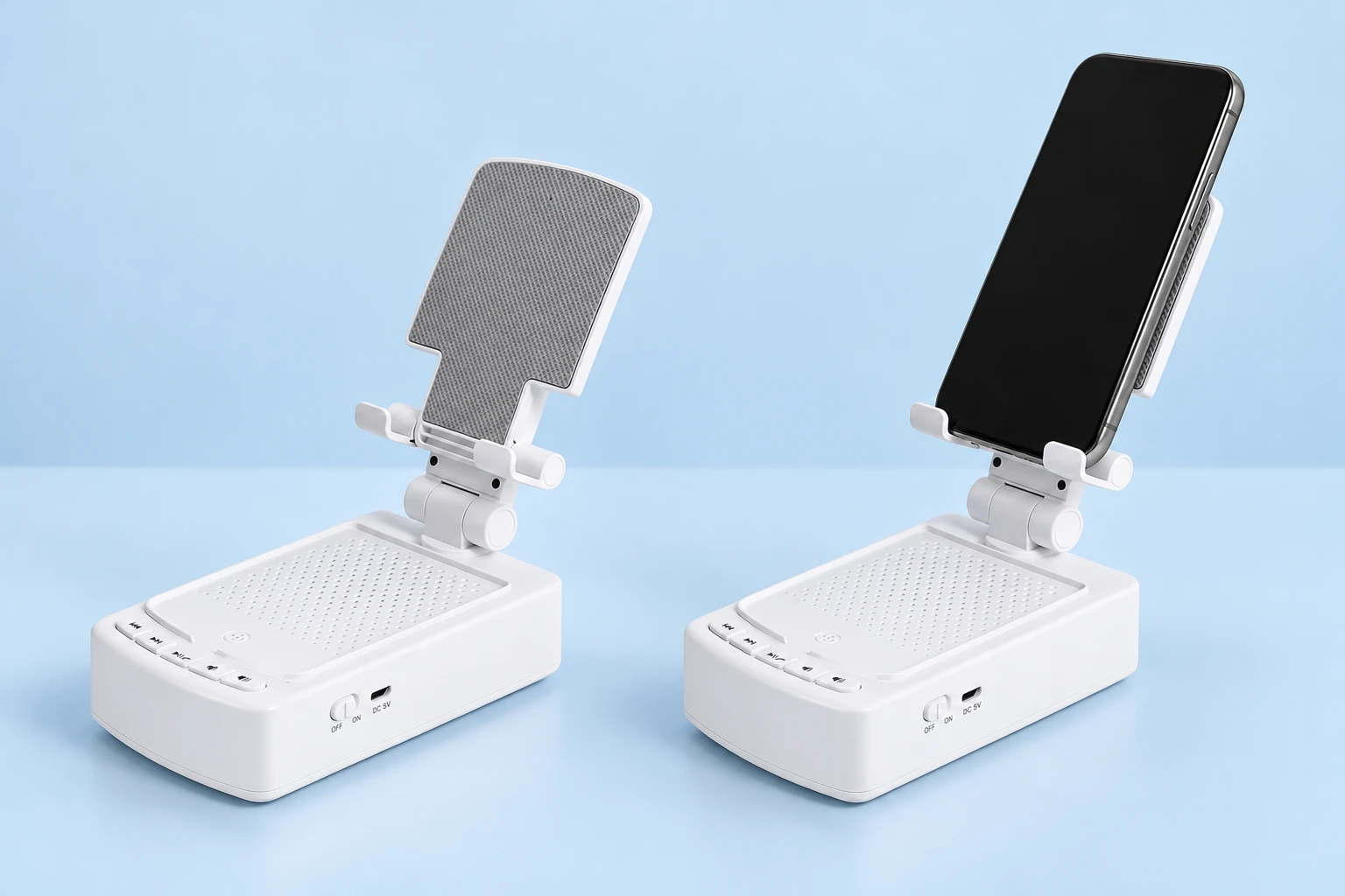 Complete white F28 height-adjustable phone stand with speaker and power-bank base on the left, with the same original stand supporting an inactive portrait phone on the right on pale blue. Phone is not included.
