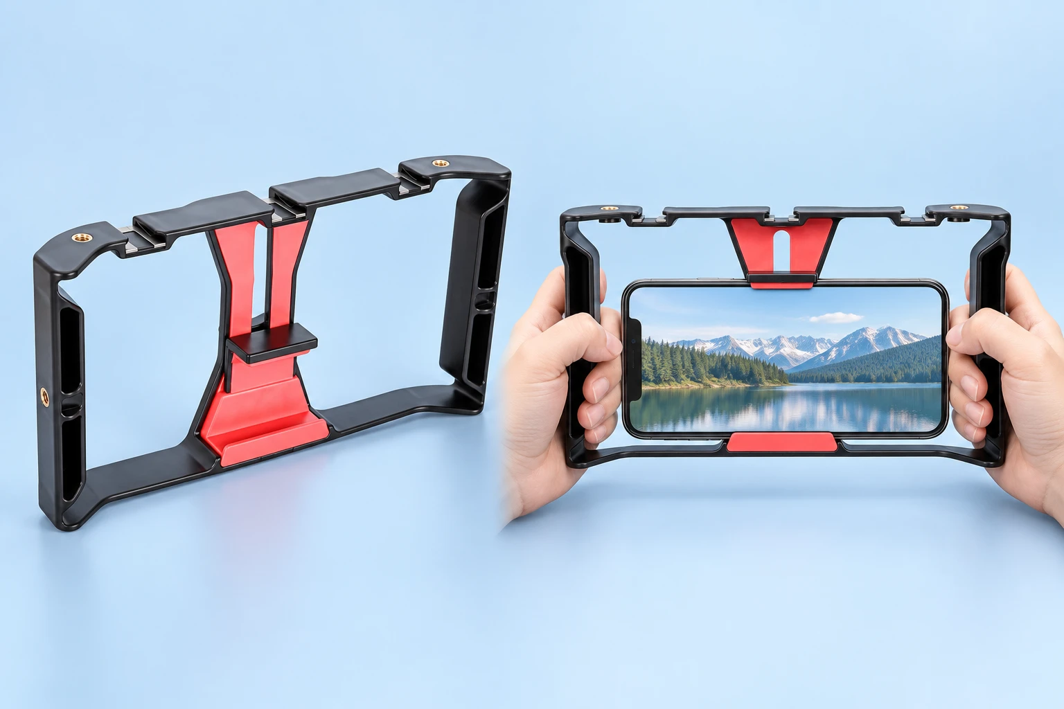 Complete empty black slotted-frame phone cage with red-lined support and integral grips at left; the same cage retains an illustrative landscape phone while stationary hands hold the side grips at right, against pale blue. Phone is not included.