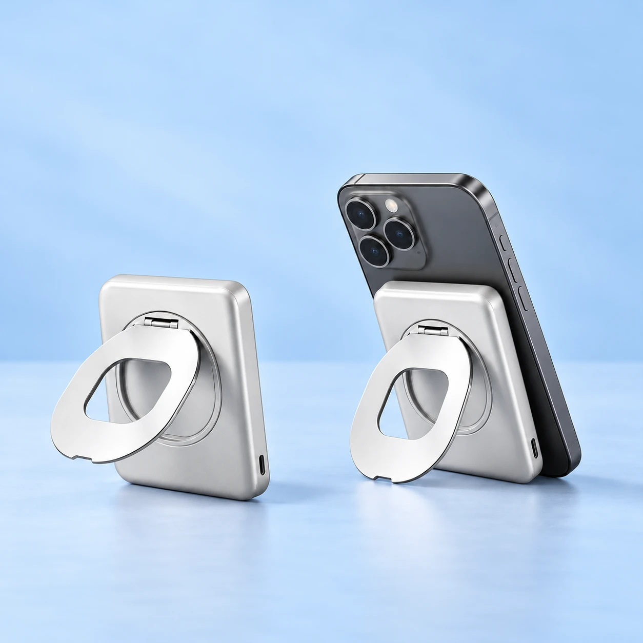 Complete silver magnetic power-bank phone stand with its original broad oval folding rear ring at left, beside the same unit supporting a stationary portrait demonstration phone at right on pale blue. Phone and case are not included; charging performance is not shown., square composition