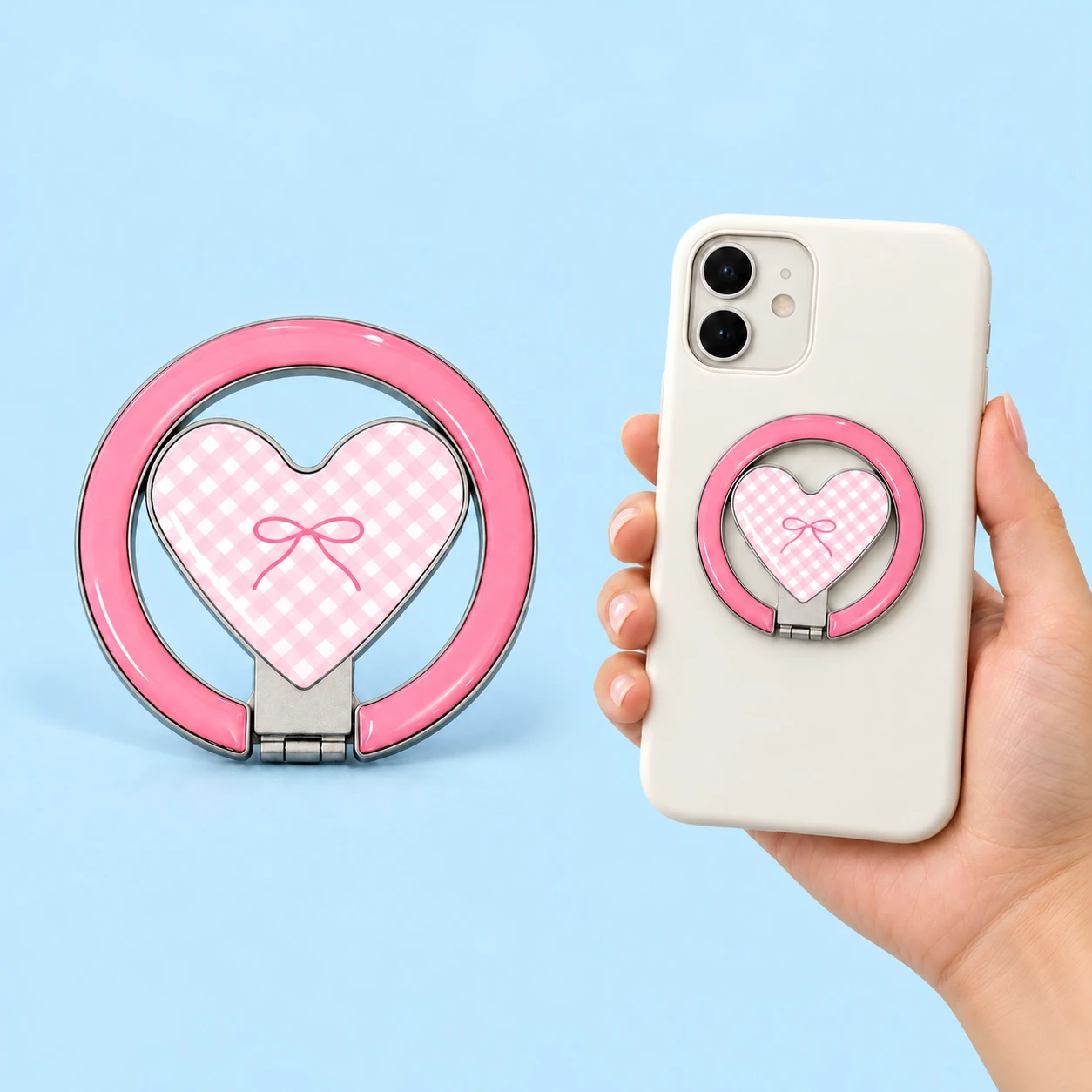 Pink gingham heart-center folding ring holder with pink circular frame, shown closed, square composition