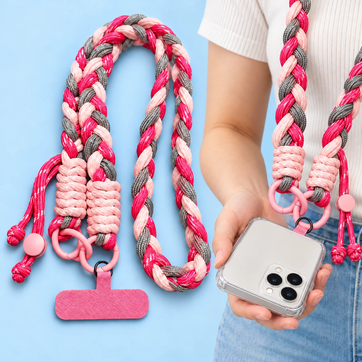 Pink, rose and gray braided adjustable phone lanyard with two original gates and matching fabric T-anchor, shown complete and in supported phone use.