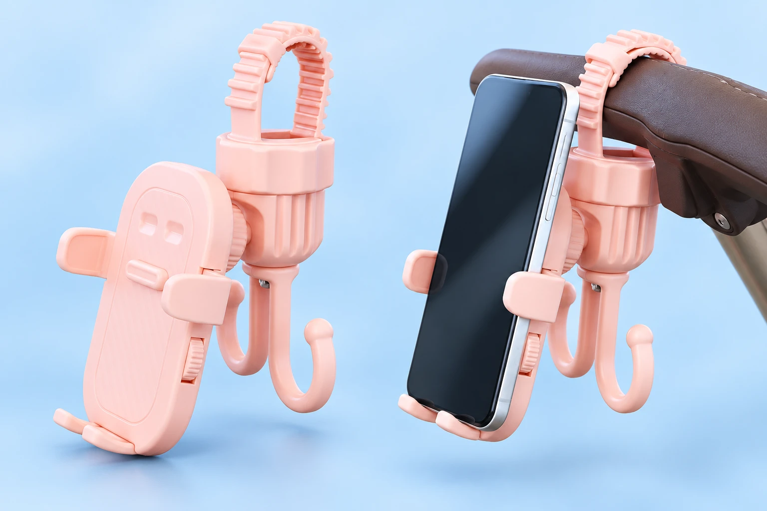 Pastel Pink Penguin-Clamp Stroller Phone Holder with Twin Hooks