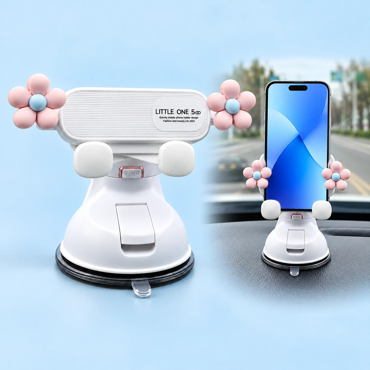 Pink flower suction-base dashboard phone holder on pale blue, product at left and supporting a portrait phone on a dashboard at right