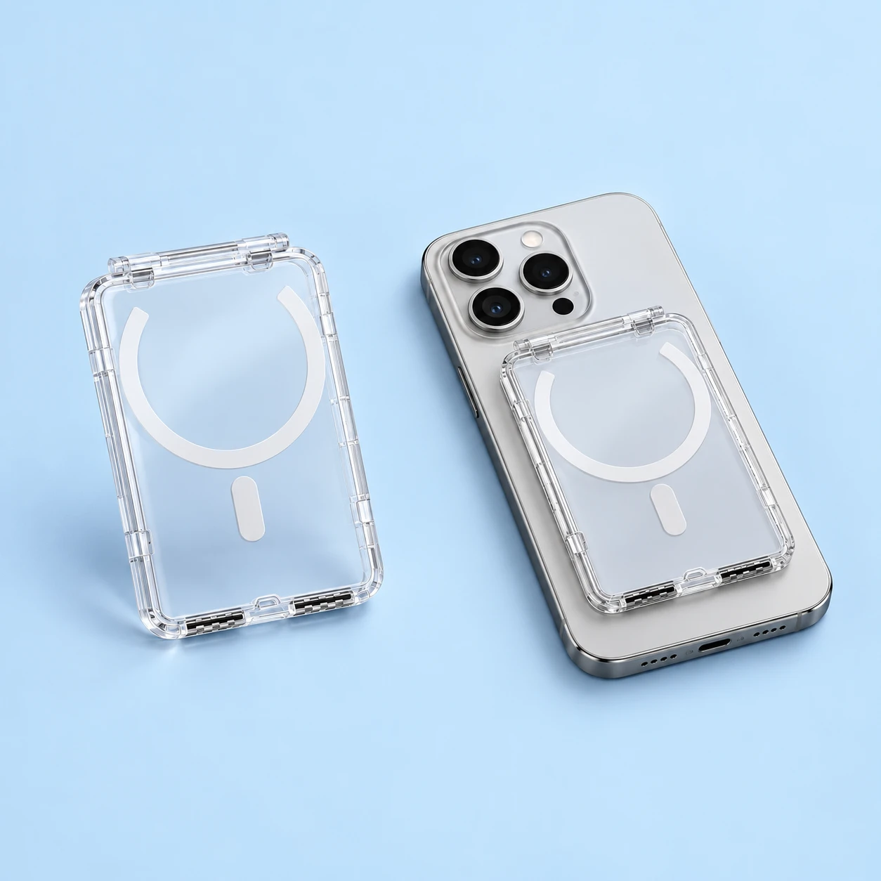 Clear Short-Edge-Hinged Phone Wallet; product and illustrative use on pale blue. Phone and scene props excluded., square composition