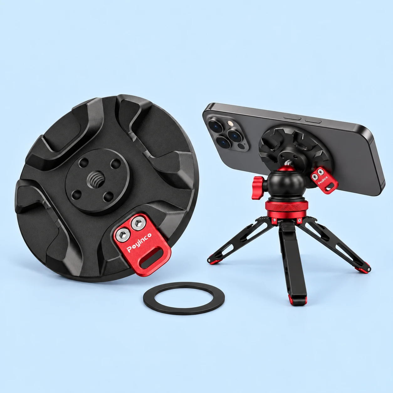 Black JN-131 Threaded Magnetic Phone Adapter; product and illustrative use on pale blue. Phone and scene props excluded., square composition